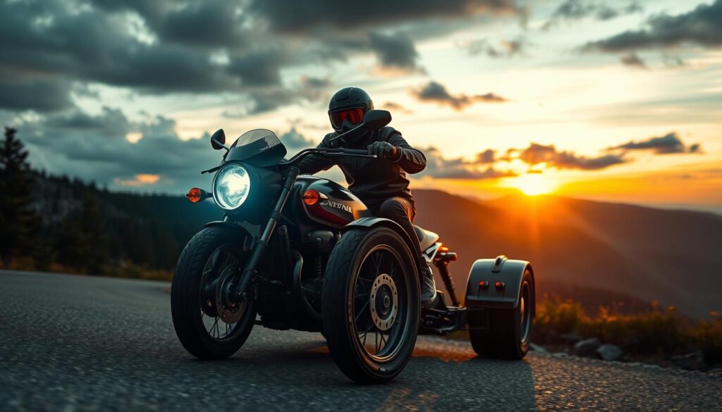 A three-wheeled motorcycle speeds along a mountain road at sunset, with a rider in a leather jacket leaning into the curve.